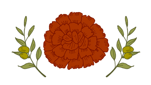 Banner. Red carnation framed by olive branches.